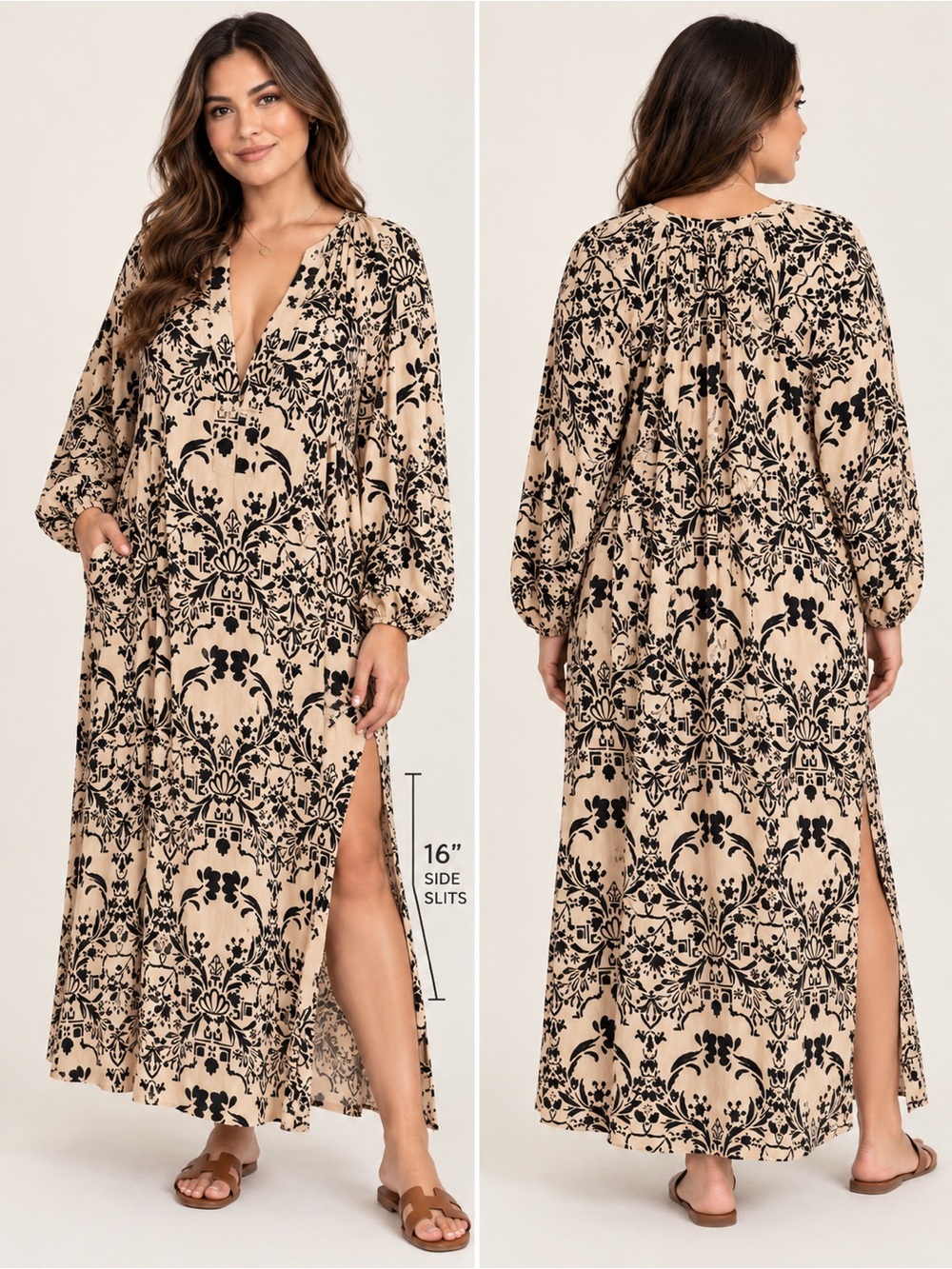 H&M Black Cream Floral Maxi Dress XL V-Neck Long Sleeve Side Slits